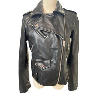 Zara M Black Faux Leather Biker Jacket With Zipper Details & Epaulettes NWOT